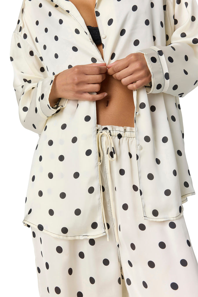 free people beloved pajama set in ivory with classic black polka dots.