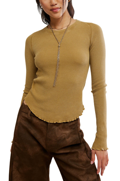 free people soft waffle knit long sleeve tee in deep golden yellow. 