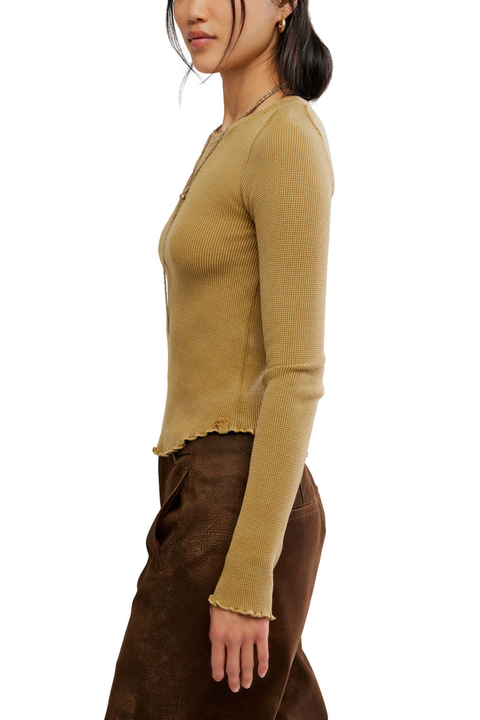free people soft waffle knit long sleeve tee in deep golden yellow. 