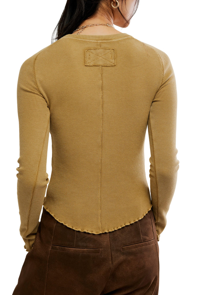 free people soft waffle knit long sleeve tee in deep golden yellow. 
