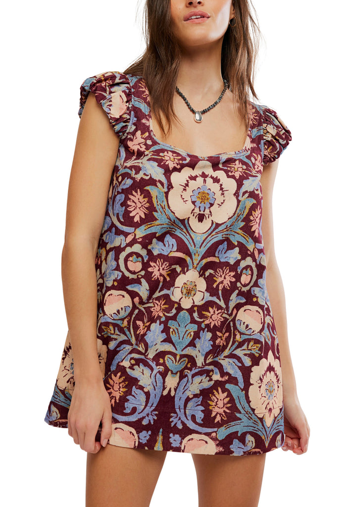 free people mini dress in a colorful paisley printed pattern