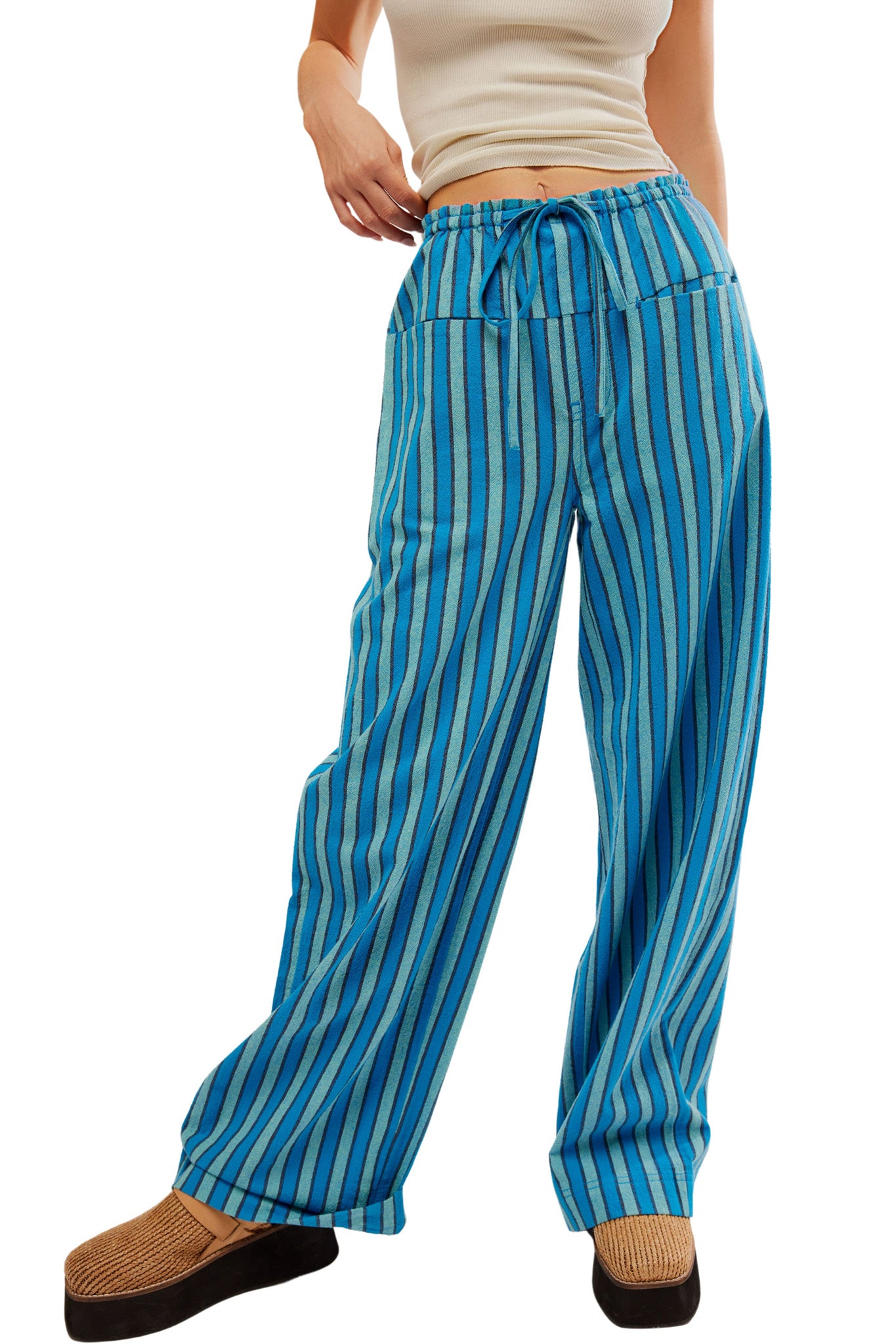 【SATUR】Women's Denver Banding Half Pants Blue Stripe personify-free-people-hudson-