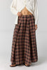free people preppy and classic maxi skirt in a chocolate brown plaid pattern.