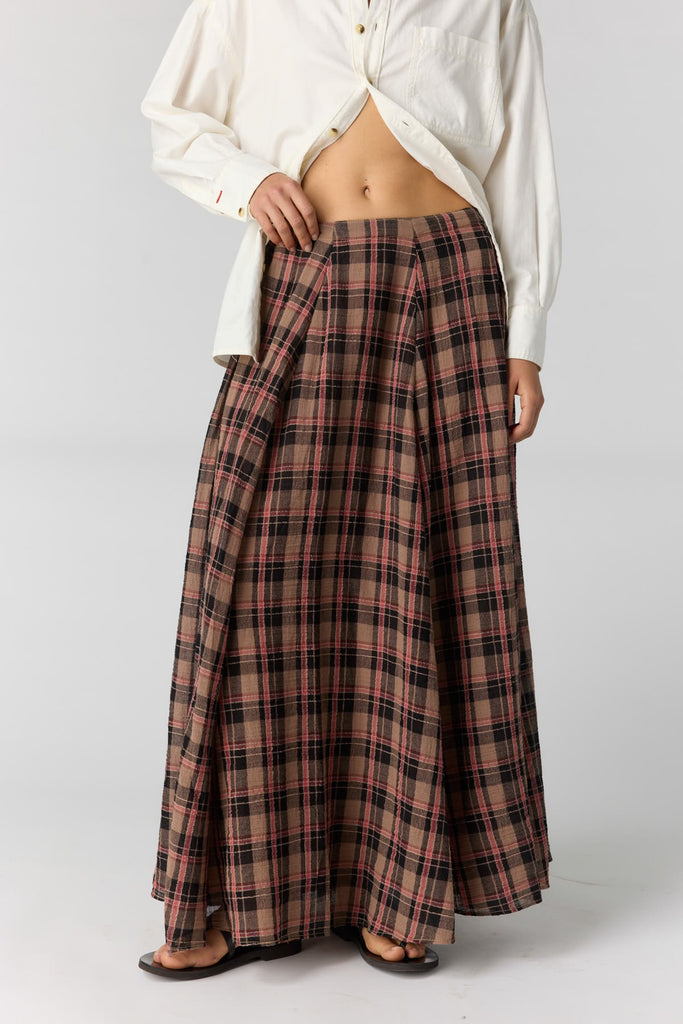 free people preppy and classic maxi skirt in a chocolate brown plaid pattern.