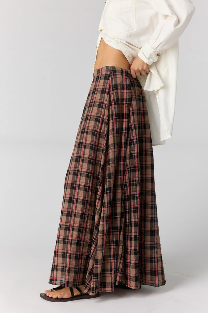 free people preppy and classic maxi skirt in a chocolate brown plaid pattern.