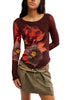 free people mesh long sleeve top in chocolate brown with a lovely floral design.