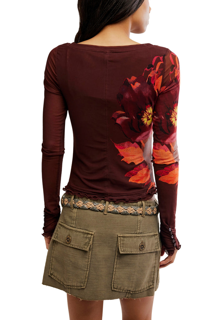 free people mesh long sleeve top in chocolate brown with a lovely floral design.