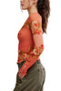 free people mesh long sleeve top in a peachy apricot color with a lovely floral design.
