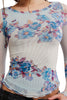 free people mesh long sleeve top in frost blue with a colorful, blue-hued floral design.