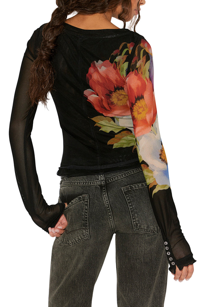 fitted mesh long sleeve tee in black with a floral design from free people 
