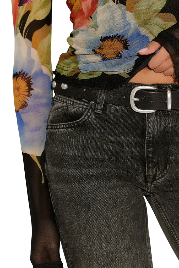 fitted mesh long sleeve tee in black with a floral design from free people 