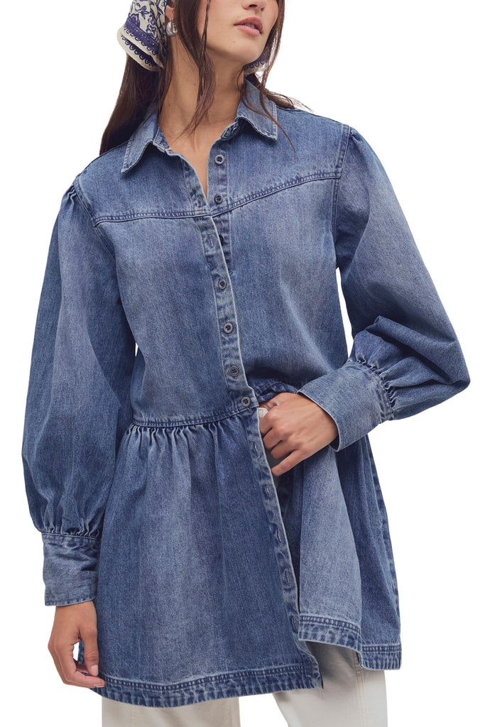 free people button down mini dress in a classic medium denim wash