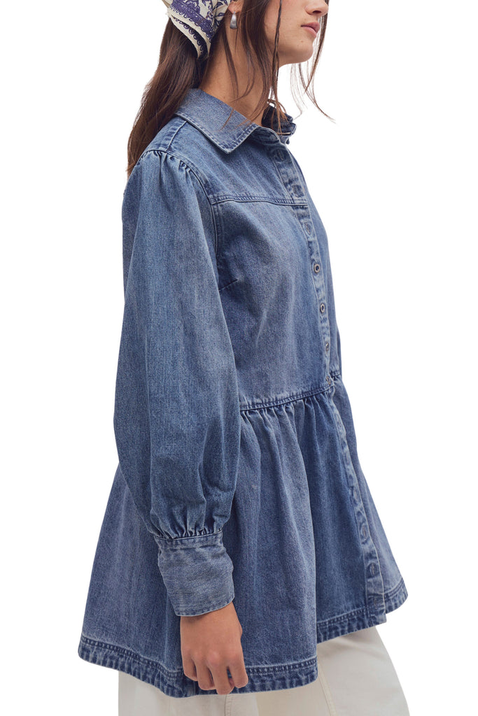 free people button down mini dress in a classic medium denim wash