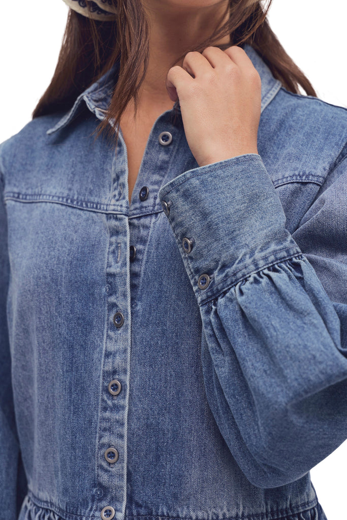 free people button down mini dress in a classic medium denim wash