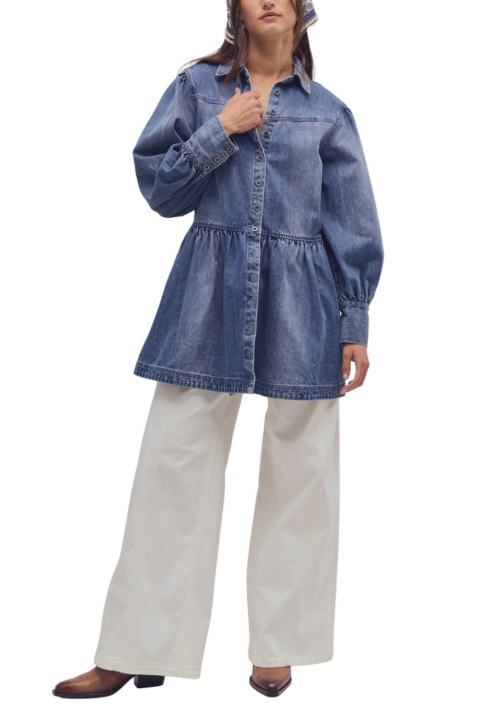 free people button down mini dress in a classic medium denim wash