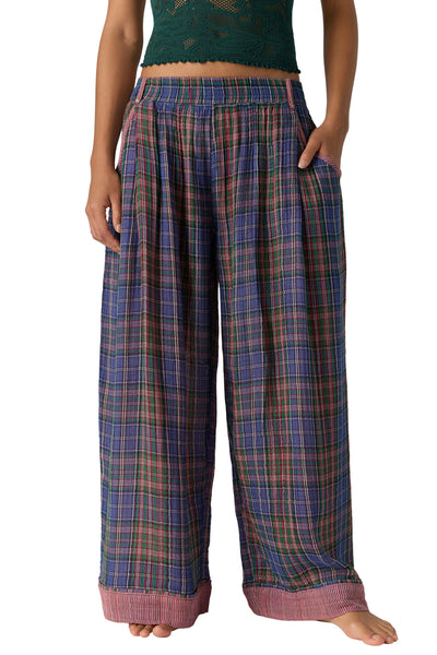free people wide leg pajama pants in a midnight blue plaid.