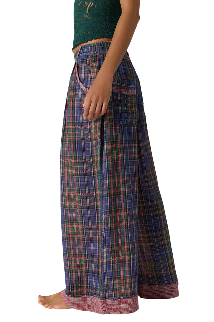 free people wide leg pajama pants in a midnight blue plaid.