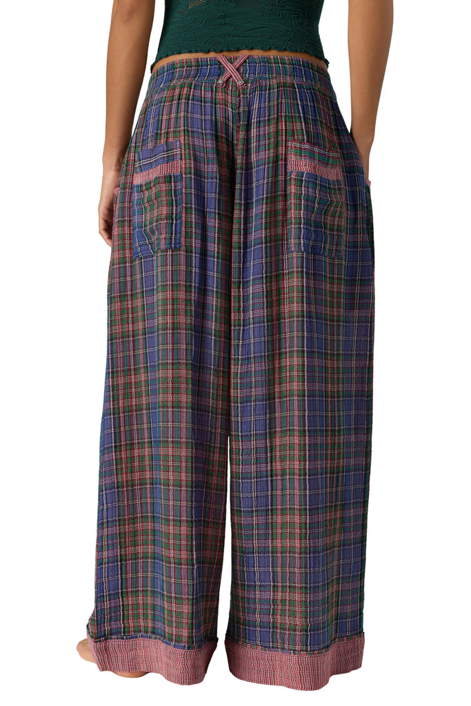 free people wide leg pajama pants in a midnight blue plaid.