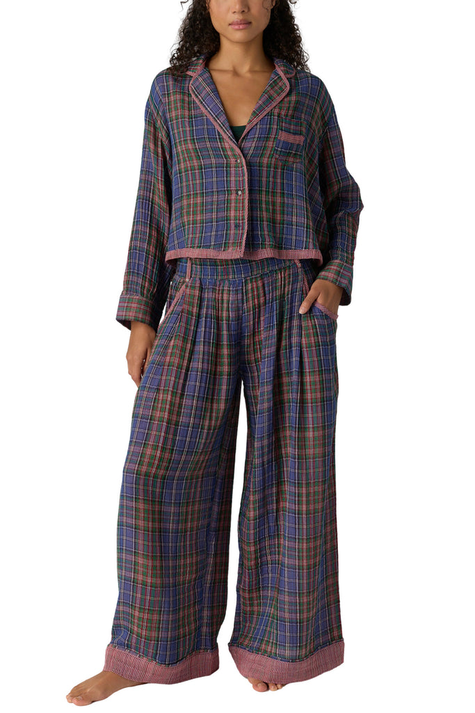 free people wide leg pajama pants in a midnight blue plaid.