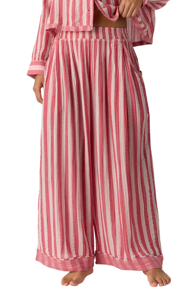 free people wide leg pajama pants in berry pink and white stripes. 