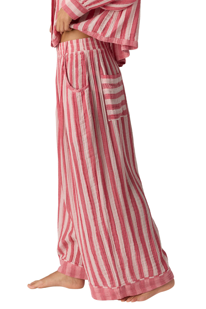 free people wide leg pajama pants in berry pink and white stripes. 