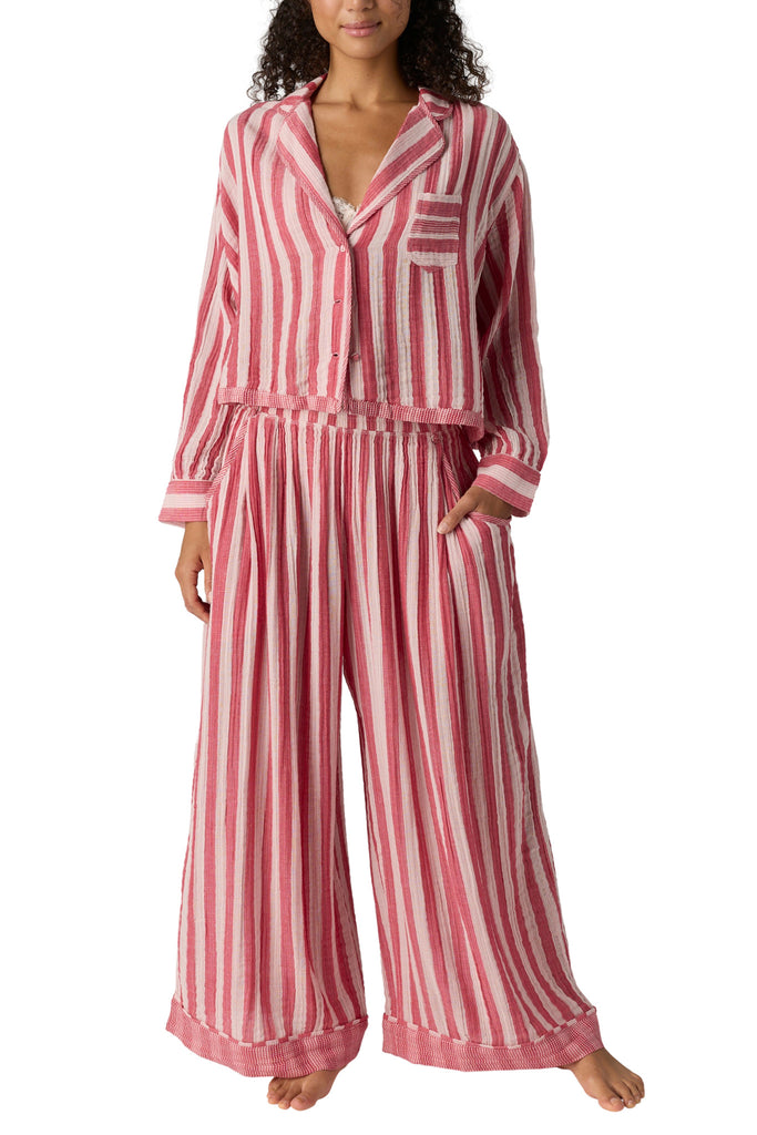 free people wide leg pajama pants in berry pink and white stripes. 