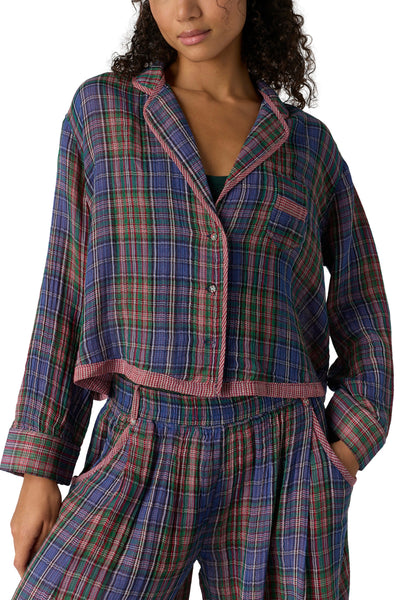 free people button down pajama shirt in a midnight blue plaid.