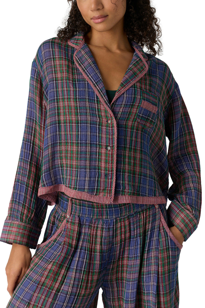 free people button down pajama shirt in a midnight blue plaid.