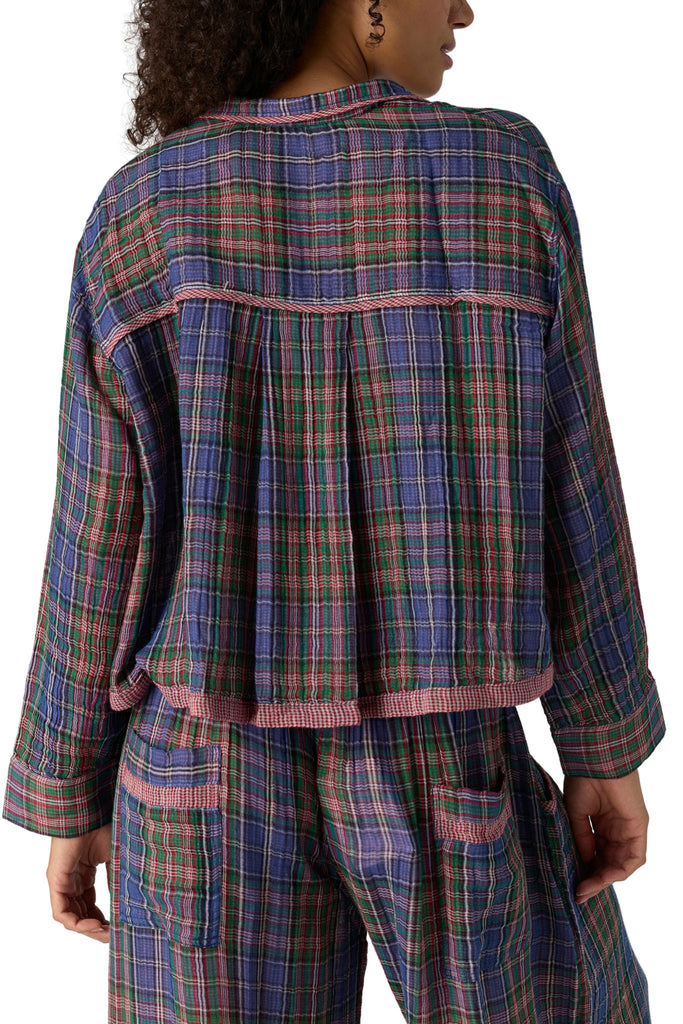 free people button down pajama shirt in a midnight blue plaid.