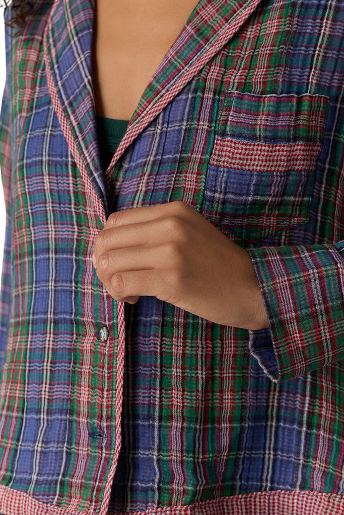 free people button down pajama shirt in a midnight blue plaid.