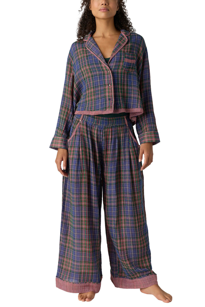 free people button down pajama shirt in a midnight blue plaid.