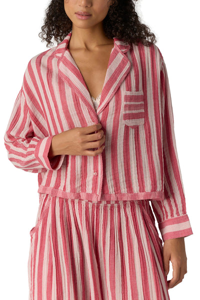 free people button down pajama shirt in berry pink and white stripes.