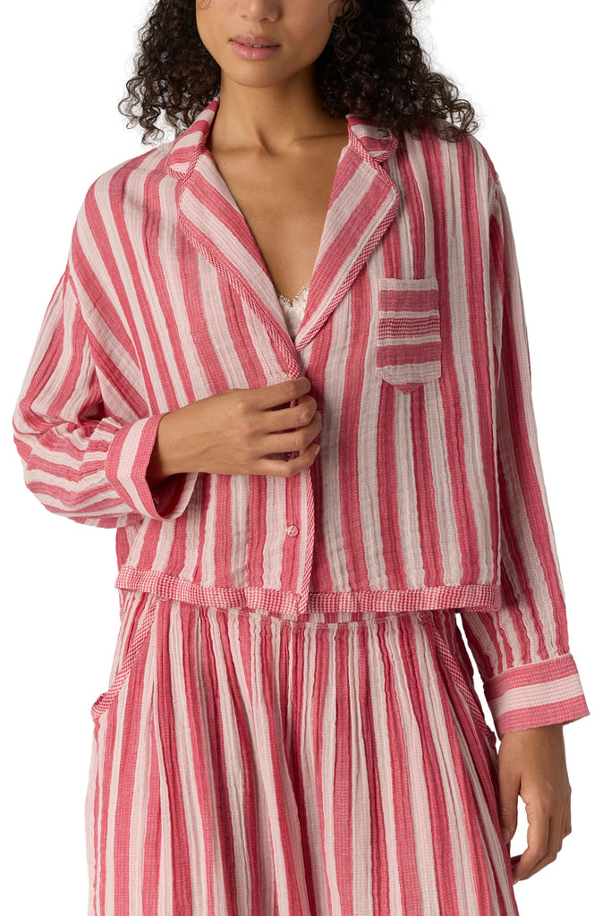 free people button down pajama shirt in berry pink and white stripes.