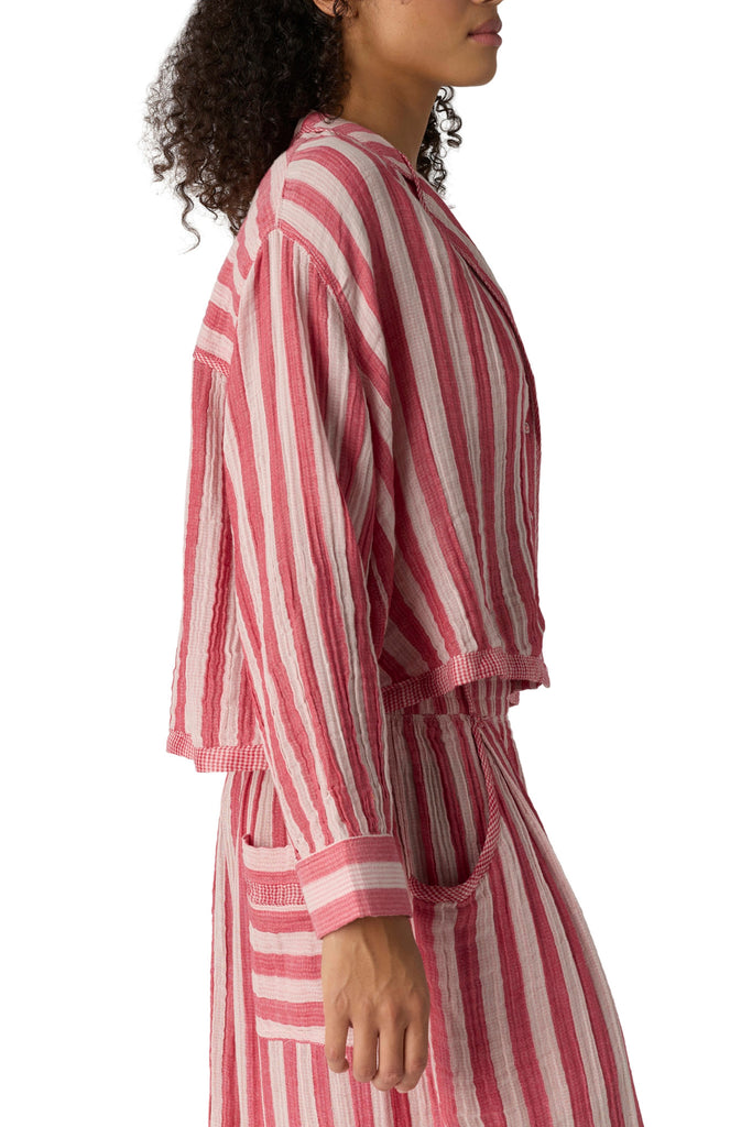 free people button down pajama shirt in berry pink and white stripes.