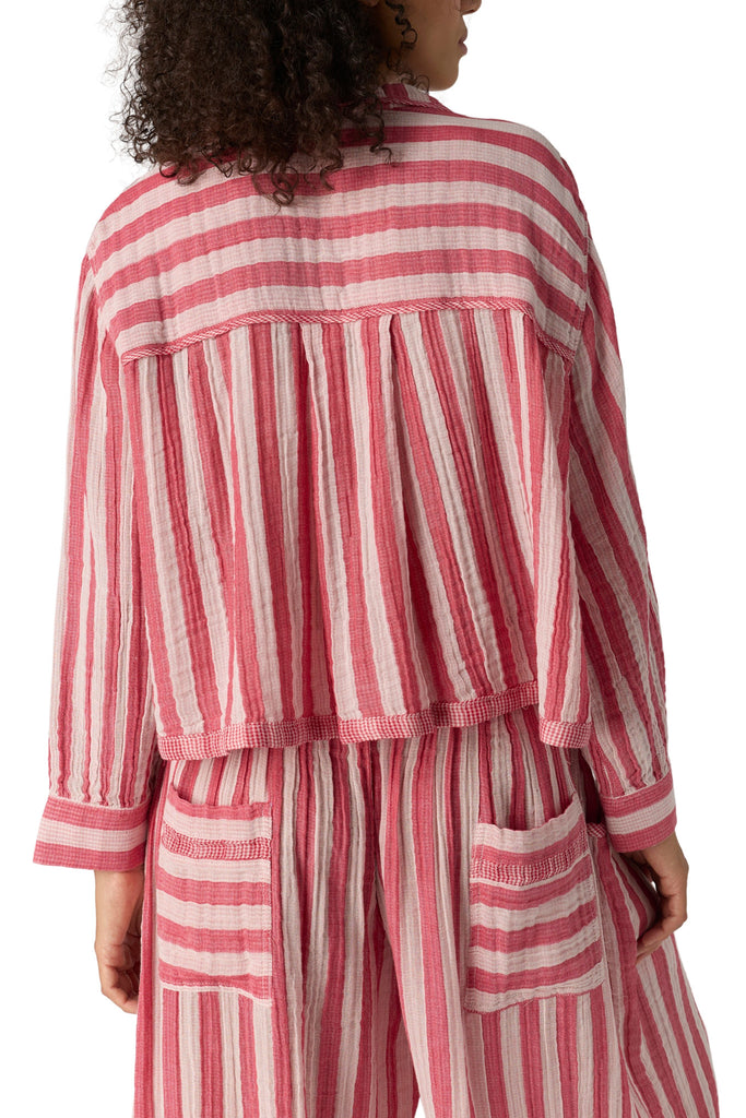 free people button down pajama shirt in berry pink and white stripes.