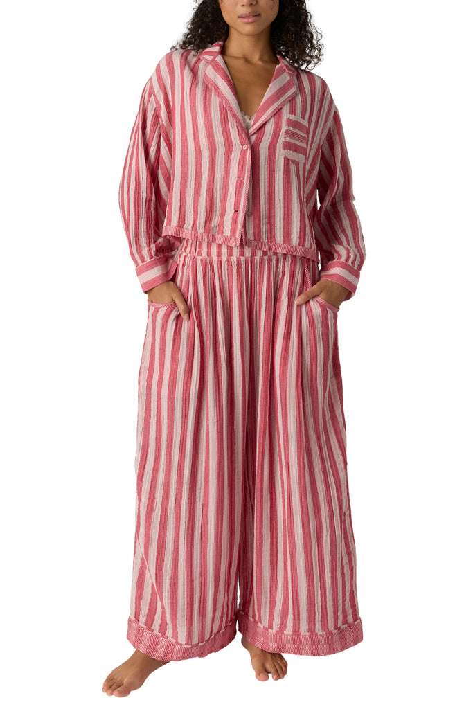 free people wide leg pajama pants in berry pink and white stripes. 