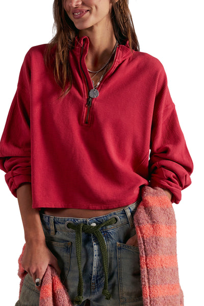 free people soft cotton pullover in deep salsa red.