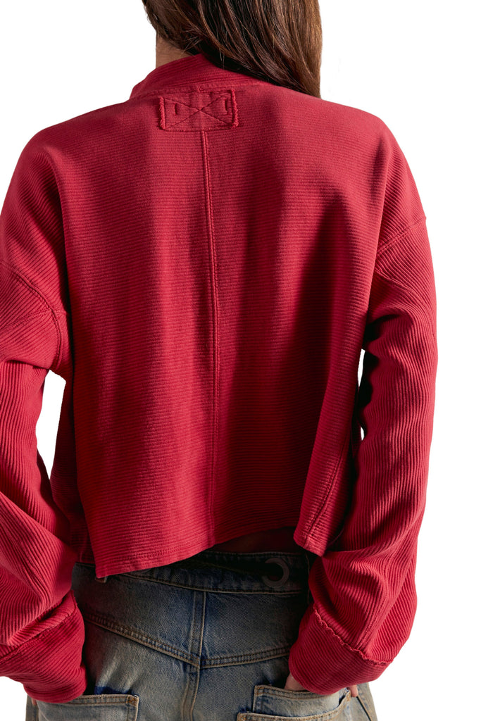 free people soft cotton pullover in deep salsa red.