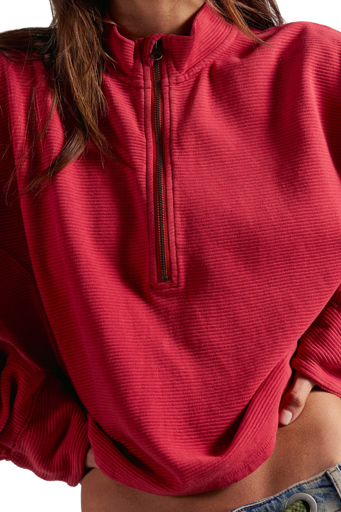 free people soft cotton pullover in deep salsa red.