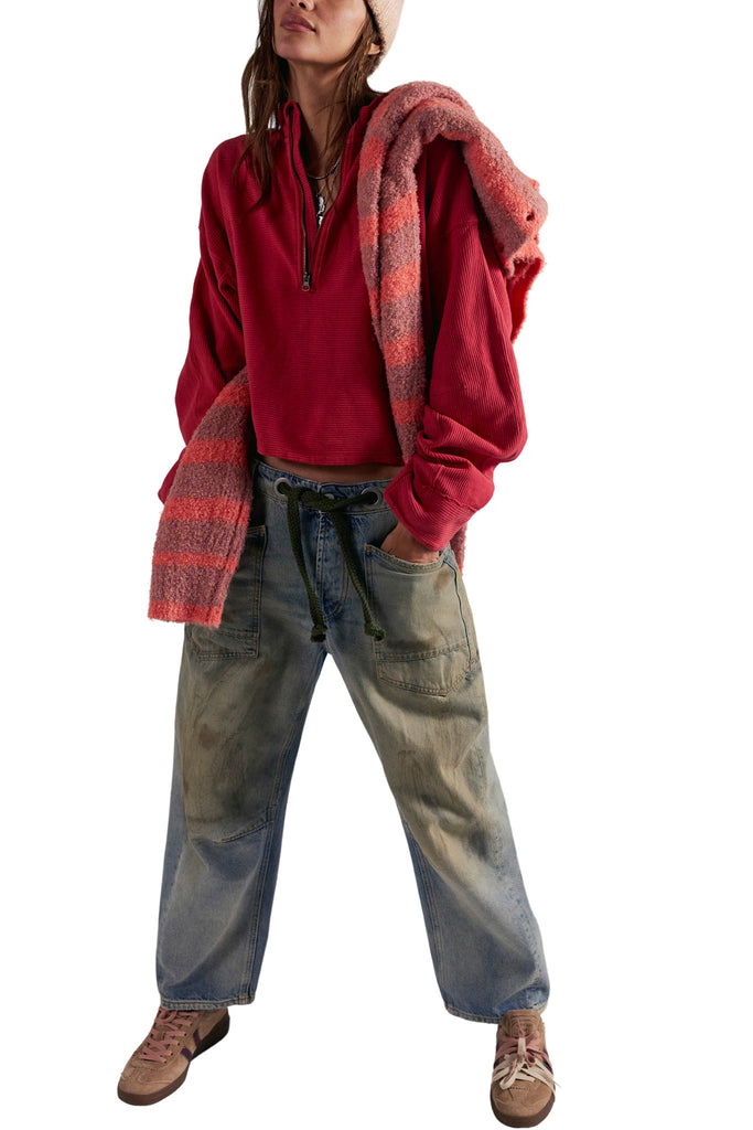 free people soft cotton pullover in deep salsa red.