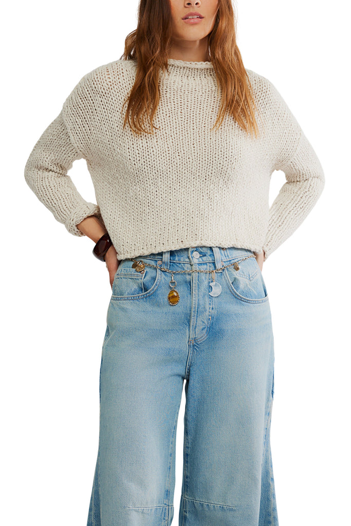 free people lightweight cotton sweater with dropped shoulders and a rolled neckline