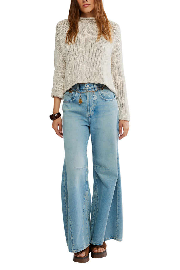free people lightweight cotton sweater with dropped shoulders and a rolled neckline