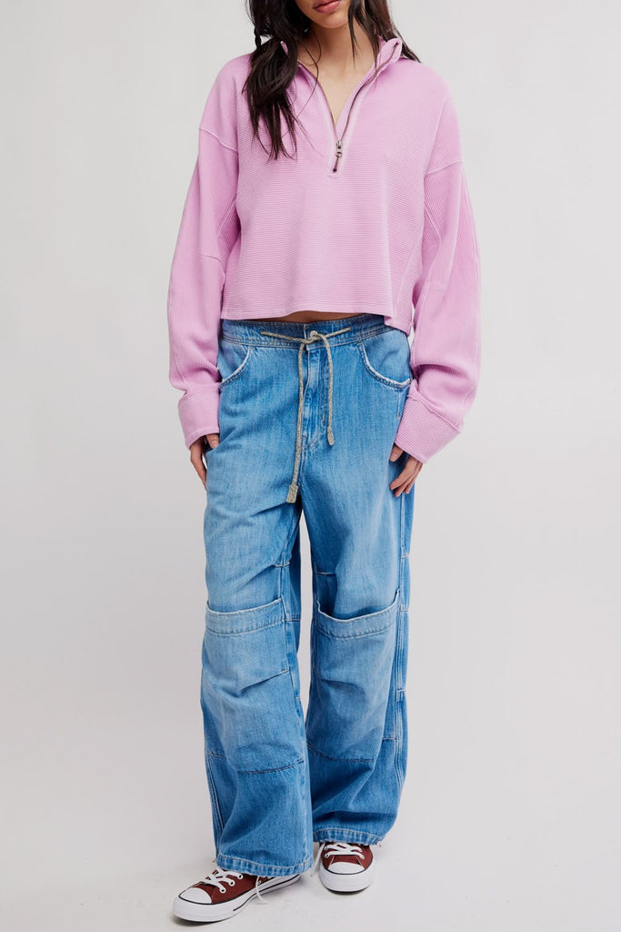 free people soft cotton pullover in pretty purple-hued light pink. 