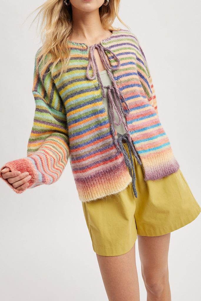 fuzzy front tie sweater in colorful rainbow stripes