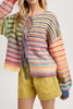 fuzzy front tie sweater in colorful rainbow stripes