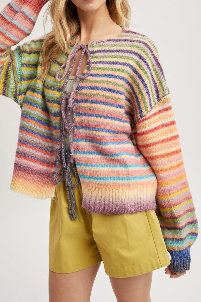 fuzzy front tie sweater in colorful rainbow stripes