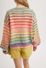 fuzzy front tie sweater in colorful rainbow stripes