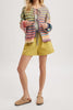 fuzzy front tie sweater in colorful rainbow stripes