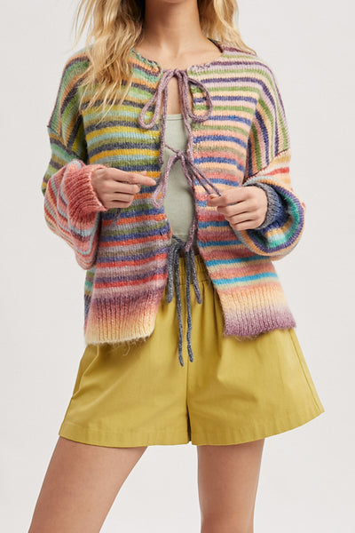 fuzzy front tie sweater in colorful rainbow stripes