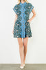 cornflower blue mini dress with a printed floral design in black and pale pink